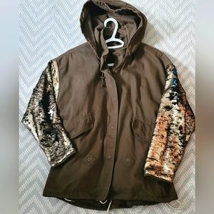 Gorgeous Zara Women's Jacket Coat hooded with sequins sleeves Olive green
